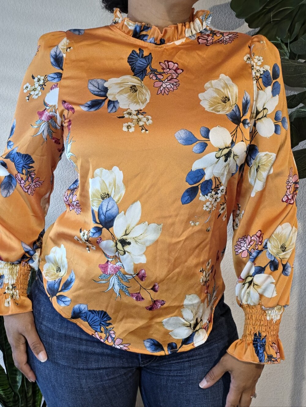 Floral Ruffle Neck Orange Women's Blouse